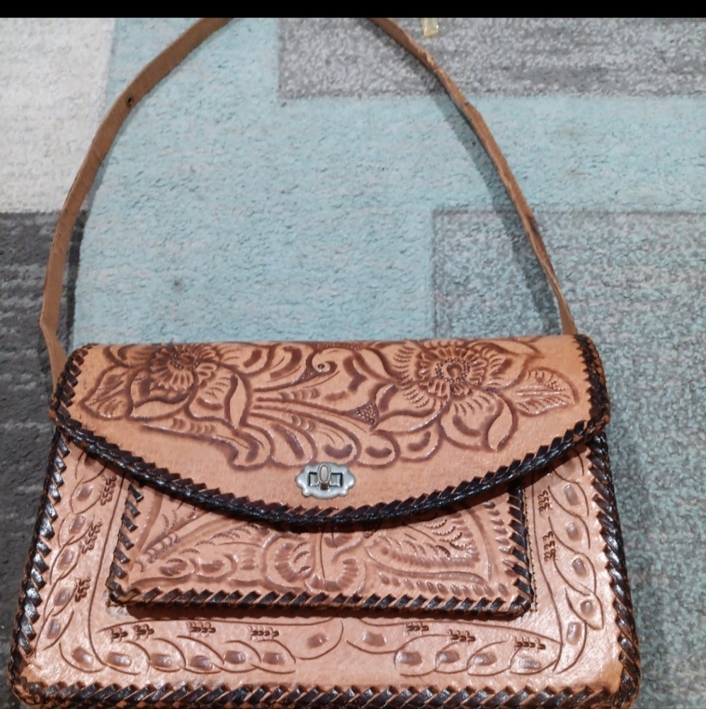 Tan and Brown Tooled Leather Crossbody Bag